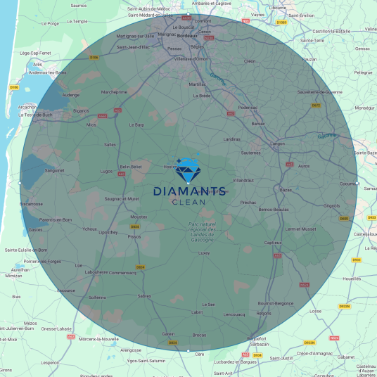 Carte de la zone d'intervention de Diamantsclean : 50 km autour de Le Tuzan en Gironde, couvrant Langon, Biganos, Salles, Bazas, Captieux, Marcheprime et Bordeaux